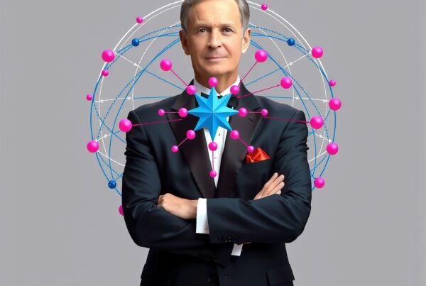 A distinguished man in a suit stands with an abstract, colorful network design encircling him, symbolizing leadership and innovation.
