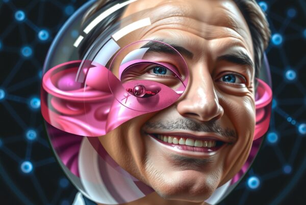 A futuristic scene depicting a man in a transparent helmet, blending human features with digital interfaces and organic structures against a networked background.