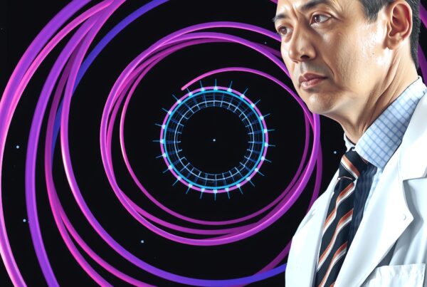 A scientist stands before futuristic, spiraling neon circles in a cosmic space backdrop.