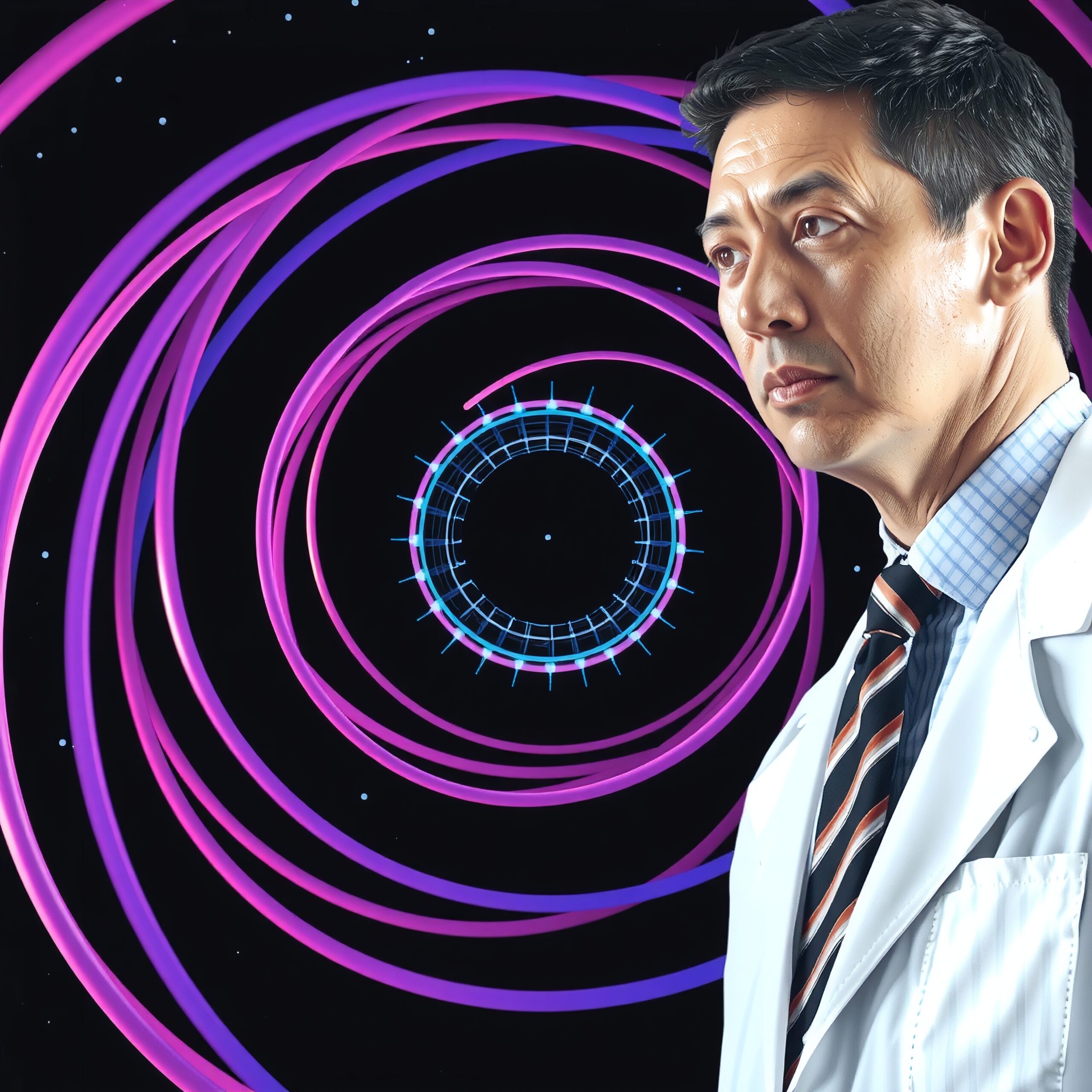 Futuristic Scientist in Cosmic Spiral