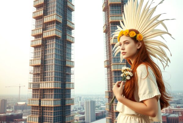 A woman in a feathered headdress stands on a rooftop with skyscrapers in the background, holding flowers and gazing into the cityscape.