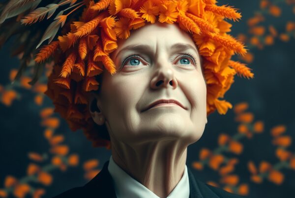 A person in formal attire with a striking floral headpiece of orange flowers and foliage.