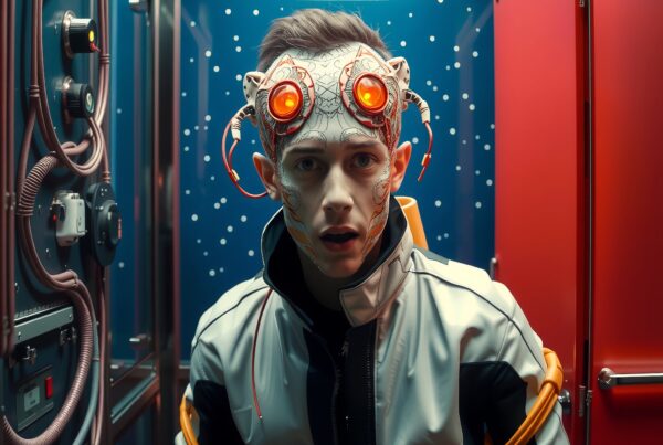 Futuristic individual wearing a patterned helmet and glowing goggles in a high-tech, cyberpunk setting.