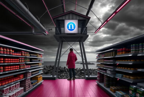 Person in pink coat stands between grocery aisles with ocean backdrop.