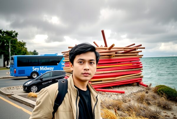 A young man with a backpack stands by the sea, with cloudy skies and a colorful art installation in the background.