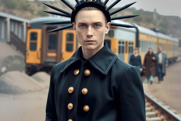 Person in dramatic outfit stands near vintage train wearing black coat with gold buttons and sunburst headpiece.