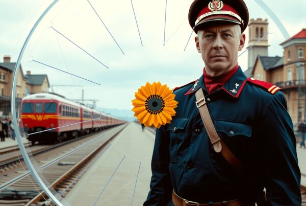 A man in a military uniform stands on a train platform with a sunflower pin.