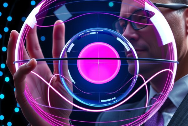 A man interacts with a holographic, neon-hued digital sphere, symbolizing futuristic technology and innovation.