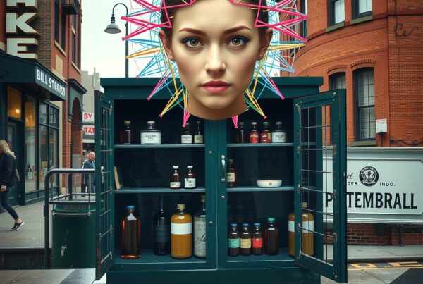 A surreal image of a floating head with a geometric neon crown above a cabinet in an urban setting.