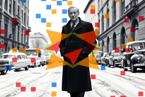A man stands in a vintage city street, surrounded by colorful geometric shapes, blending old and new elements.