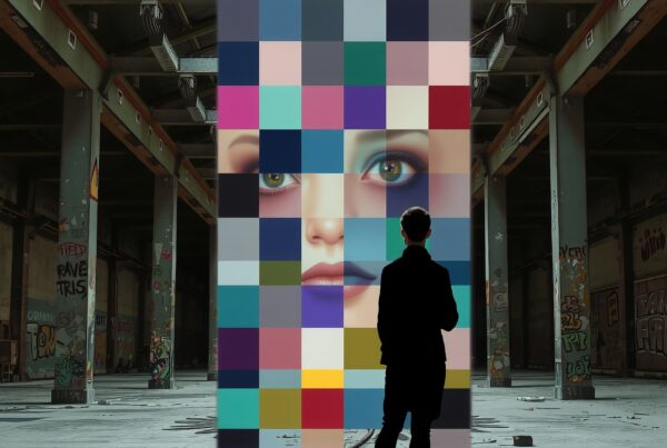 A person gazes at a colorful mural in an abandoned warehouse, highlighting urban art.