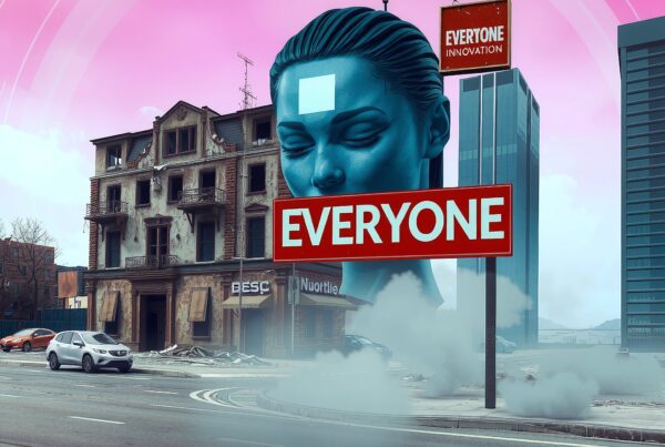 Surreal cityscape with giant blue sculpture.