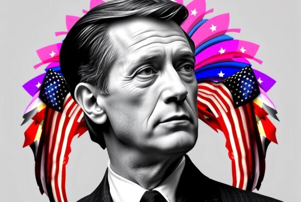 Solemn man with vibrant, patriotic background.
