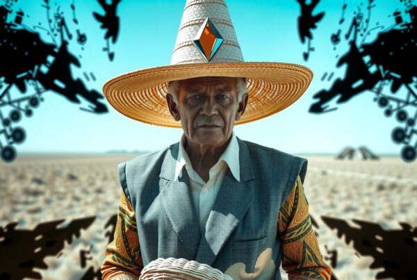 An elderly man in a hat stands in an abstract desert landscape.