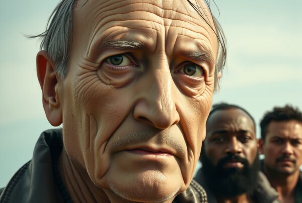 Portrait of an elderly man with intense expression and textured skin in soft lighting.
