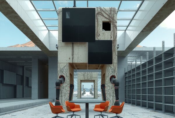 Modern open-air space with abstract architecture and contrasting orange seating.