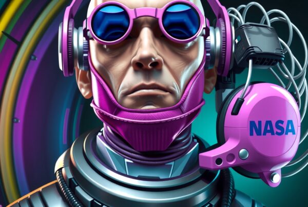 Futuristic NASA astronaut wearing a high-tech pink and purple spacesuit with intricate design elements.