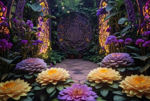 Large vivid flowers in mystical garden setting.