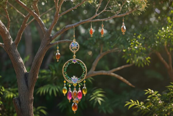 Artistic dreamcatcher hanging from a tree branch amidst lush greenery.