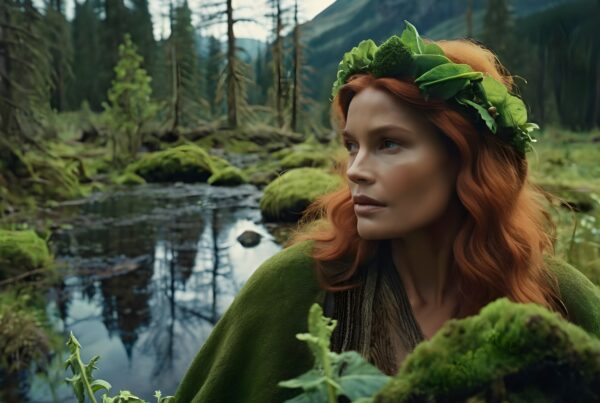 A woman with red hair and leaf crown in a lush, mystical forest setting, near a pond and surrounded by green foliage, showcasing a serene natural ambiance.