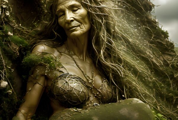 Elderly woman blending into nature with forest elements.