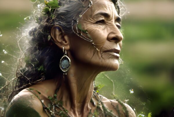 An elderly woman with tangled hair and a nature-inspired outfit gazes peacefully into a lush, green backdrop.