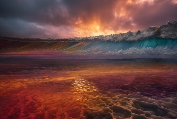 A vibrant wave illuminated by a fiery sunset with textured reflections on the ocean surface.