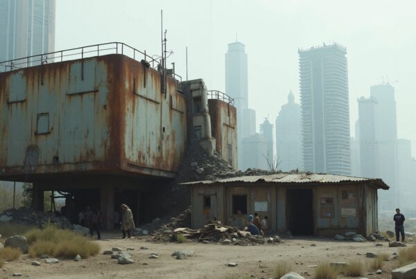A rusted industrial structure stands against a modern city skyline backdrop, illustrating urban decay and resilience.