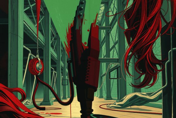 Surreal industrial scene with chainsaw, vibrant strands, and dramatic lighting.
