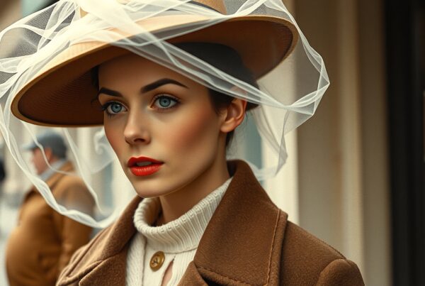 Elegant woman in brown coat, hat with white tulle, urban background.