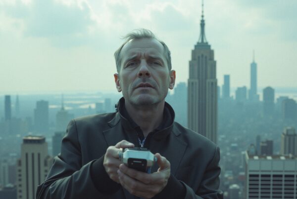 Man on rooftop in New York, holding a vintage phone with the city skyline in the background.