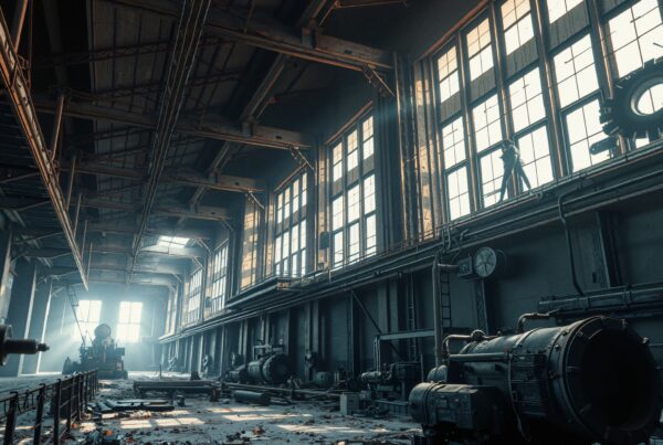 An abandoned factory room with sunlight streaming through large windows, illuminating old machinery and casting dramatic shadows, depicting industrial decay.