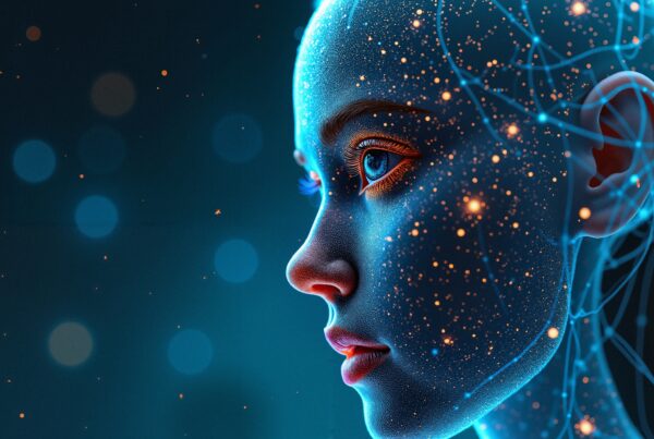 Futuristic digital artwork of a human profile with glowing elements and intricate network patterns.