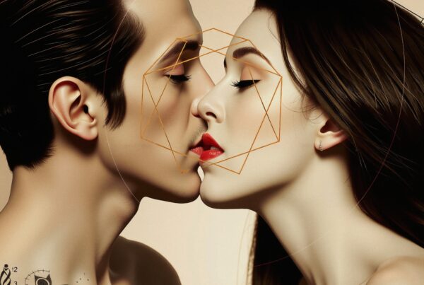 Artistic image of a couple about to kiss with geometric overlays and abstract elements.