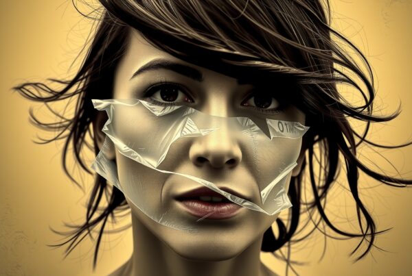 Image of a woman with delicate features, enhanced by translucent material across the face, set against a neutral background with warm colors and a surreal artistic feel.