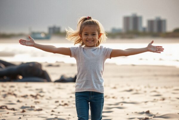Young girl joyfully runs on a sunlit beach, with arms open wide, capturing the essence of carefree childhood.