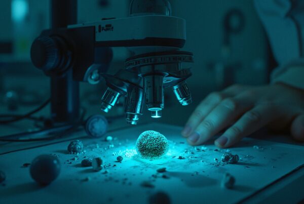 A microscope focused on a glowing, textured sphere in a dimly lit laboratory.