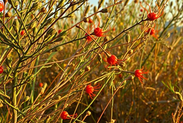Image of vibrant red flower-like structures on a plant in a sunlit field.
