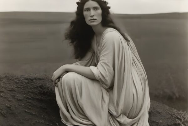 A woman in a flowing dress sits on a rock, adorned with a floral crown, in a serene landscape.