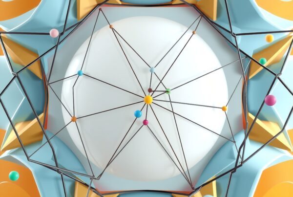 3D abstract geometric art with colorful spheres and intricate patterns.