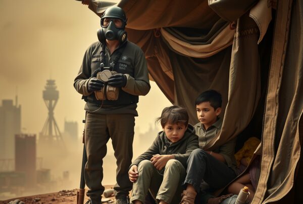 A figure in a gas mask stands next to a tent with two children inside, set against a dystopian, debris-strewn landscape with city ruins in the background.