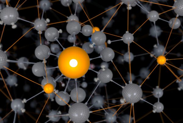 Abstract network of interconnected spheres with a bright central sphere, depicting a concept of connectivity or molecular structure.