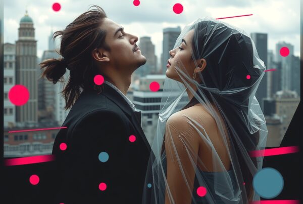 Couple embracing on urban rooftop with artistic overlay against city skyline.
