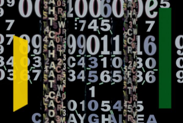 Abstract art of numbers and symbols on a dark background with colorful vertical bars.