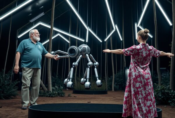 A man and woman interacting with a futuristic levitating robot under neon lights, blending technology and nature.