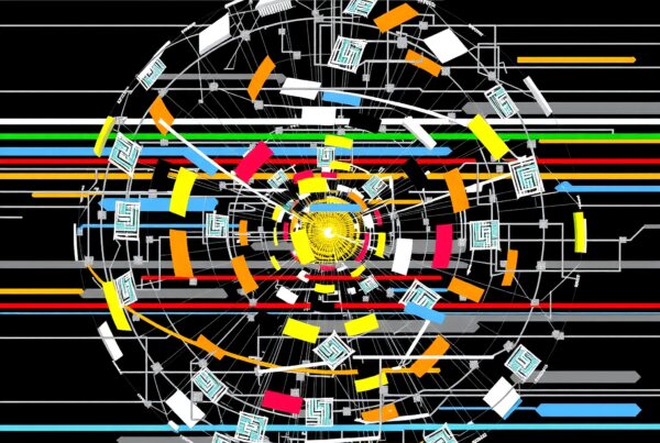 Colorful abstract design with geometric shapes and intersecting lines, resembling a digital circuit board and cosmic explosion.