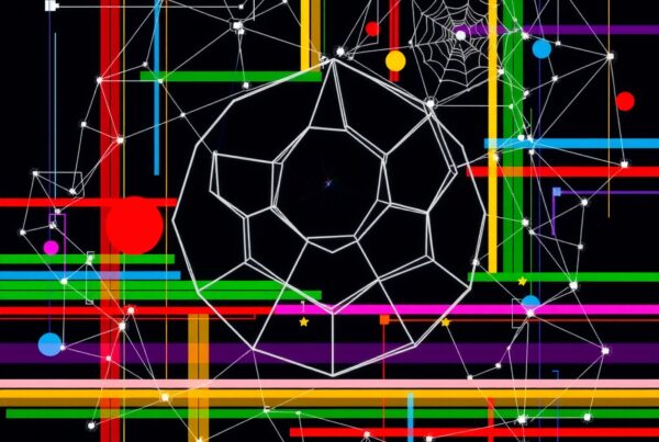 Abstract geometric network with colorful intersecting lines and shapes on a black background.