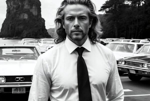 A confident man with long hair and beard stands boldly in a monochrome parking lot filled with classic cars and a striking rock formation in the background.