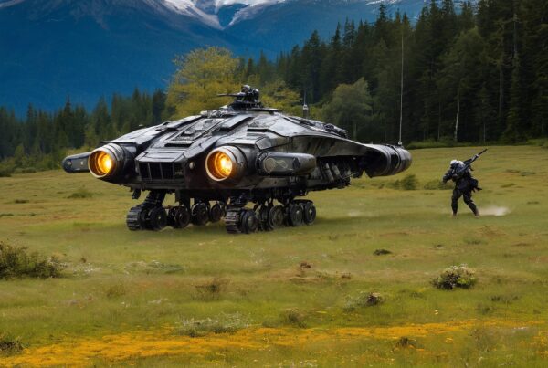 A futuristic robot explores a vibrant meadow with mountain backdrop.