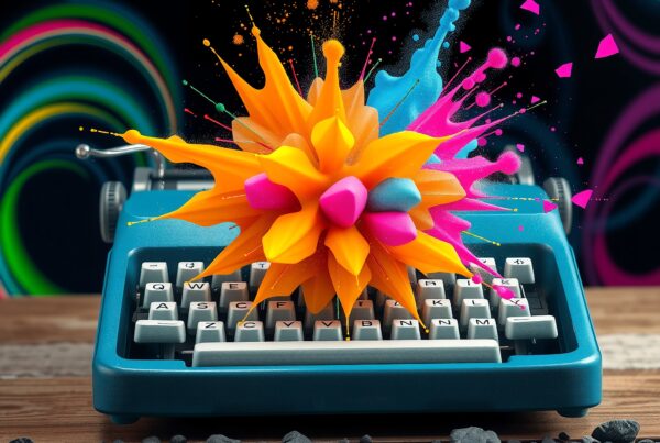 A vibrant explosion of color bursts from a vintage typewriter against a textured and dark background.